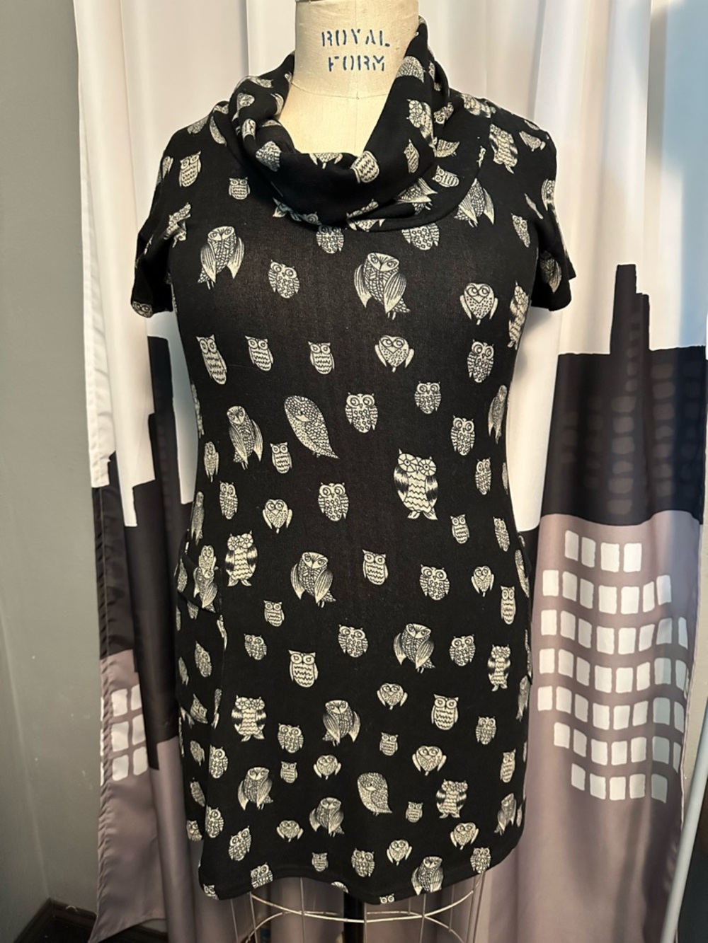 Purplish London brand Black Owl Print Cowl Neck Dress